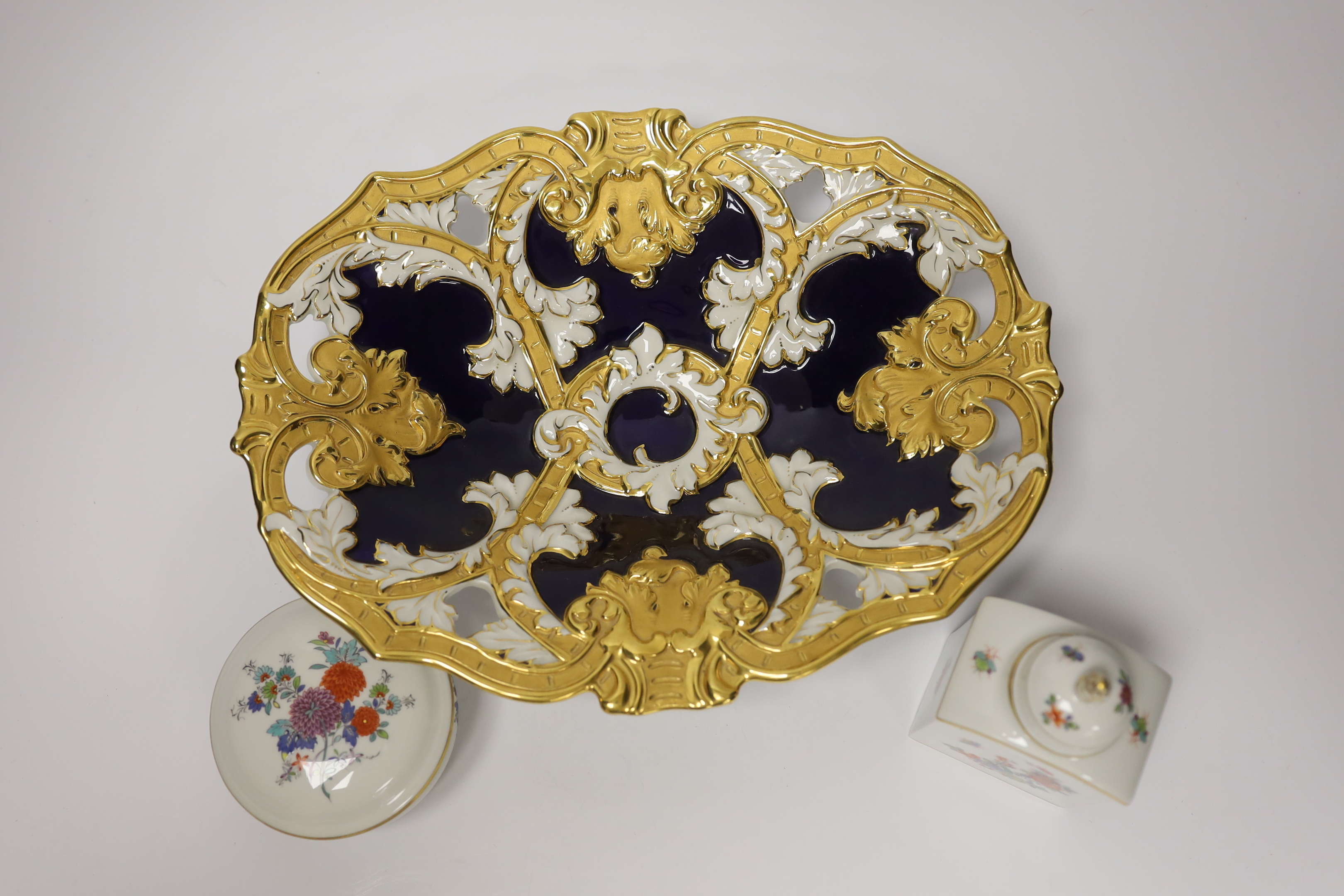 A Meissen gilt and blue glazed dish together with a similar floral caddy and box and cover, dish 33cm